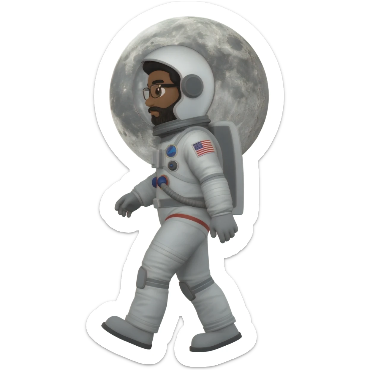 astronaut moon on back with helmet walking space brown skin, black eyes, glasses and beard  black hair show body sticker