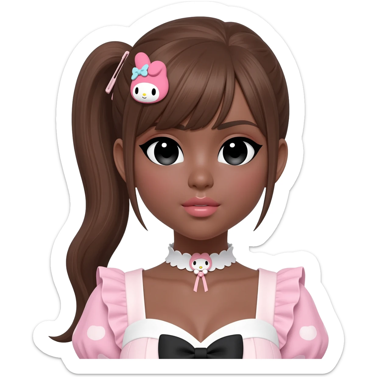 Gyaru makeup, my melody hairclip, cutecore, doll eyes, Doll, big chest, dark brown skin, with ponytail brown hair hair style, black cute eyes, cute lips with Gyaru outfit sticker