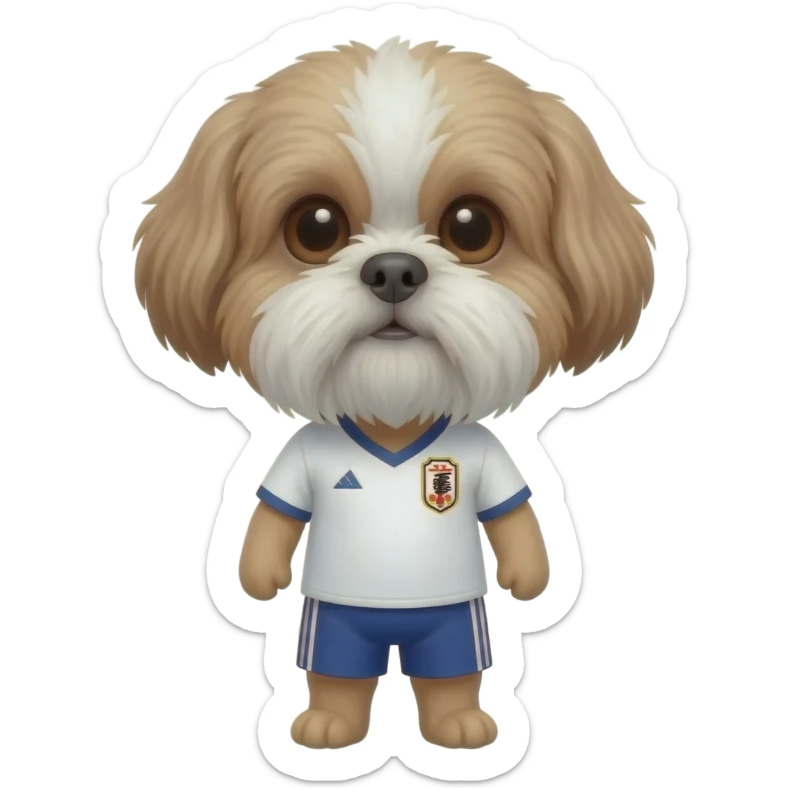 white and light brown shih zhu wearing a Japan white soccer jersey v neck 2026 work cup sticker