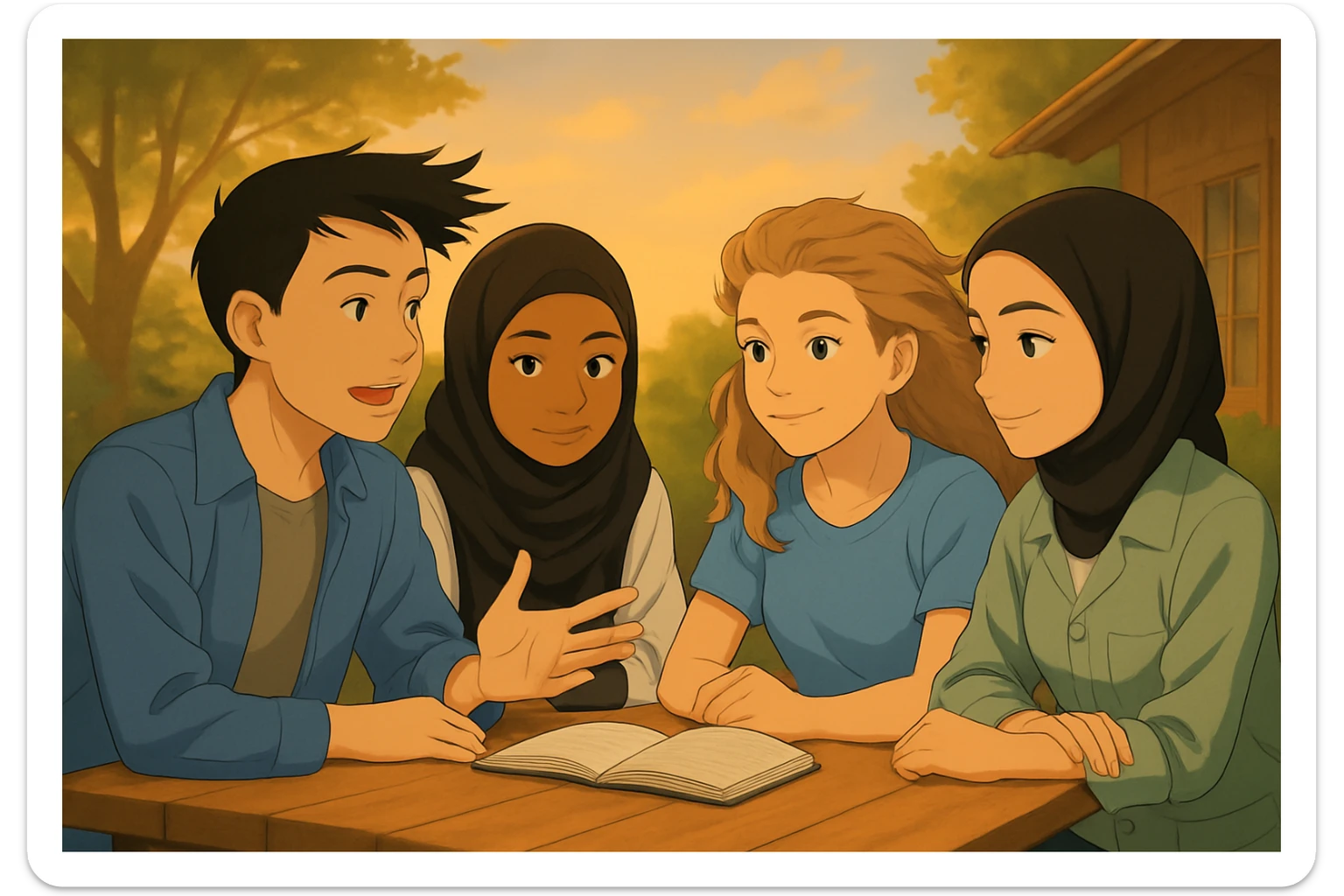 Continuation of the scene: The boy (blue shirt) is speaking, the wind blows stronger, hair and book are animated with more movement. Faces remain identical to the original image. sticker