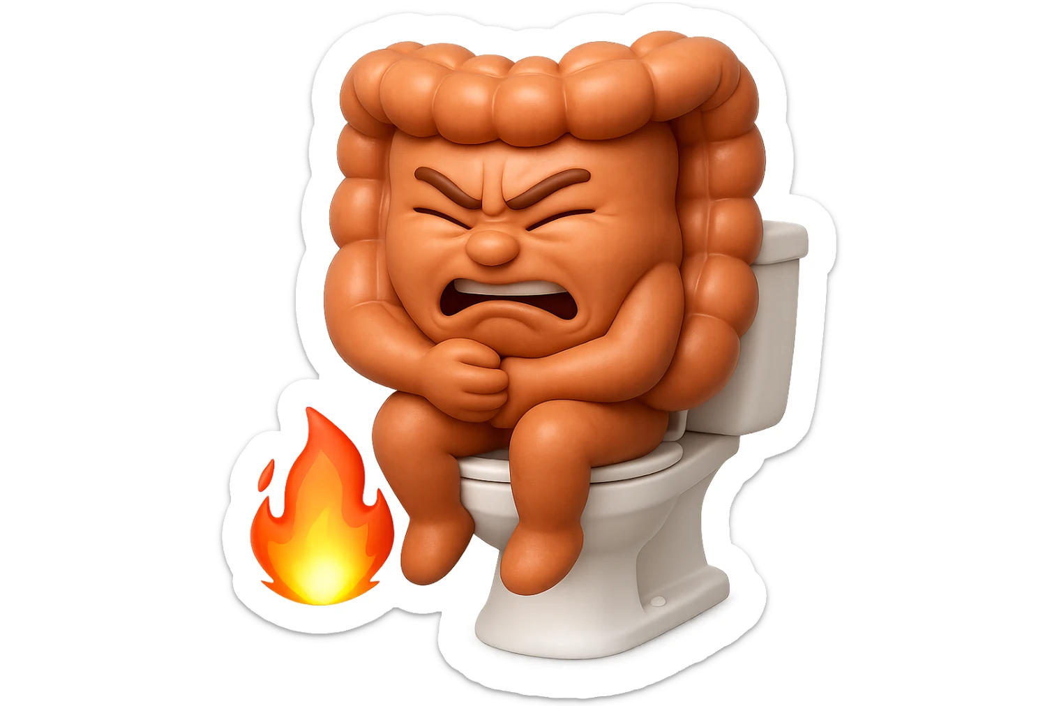 SU QUESTO STILE FAI UN EMOJI STILE IPHONE 3D DI UN INTESTINO CHE sta seduto sul wc e dal wc in mezzo alle sue gambe esce una fiamma stile emoji iphone, FAGLI UN ESPRESSIONE di dolore mentre si sforza E FALLO MOLTO REALISTICO IN 3D sticker