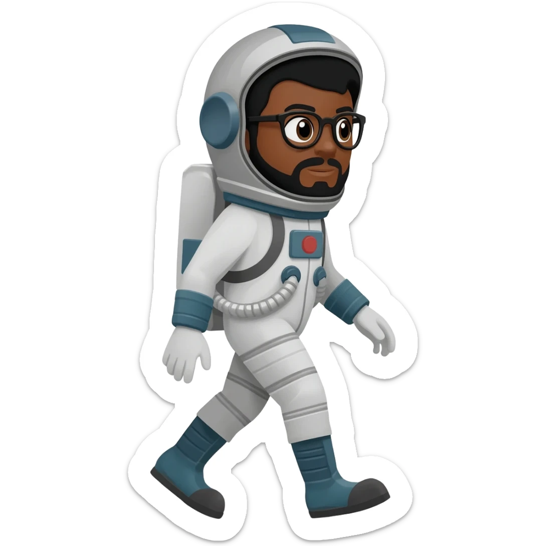 astronaut moon on back with helmet walking space brown skin, black eyes, glasses and beard  black hair show body sticker