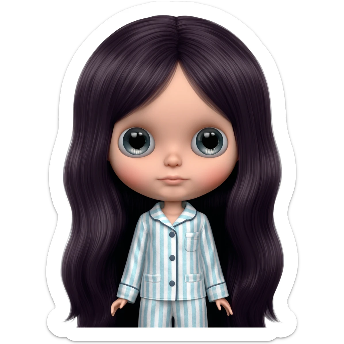 Make me an emoji that is wearing pajamas maker her a Blythe doll type emojiMake her hair longer Make her hair darker sticker