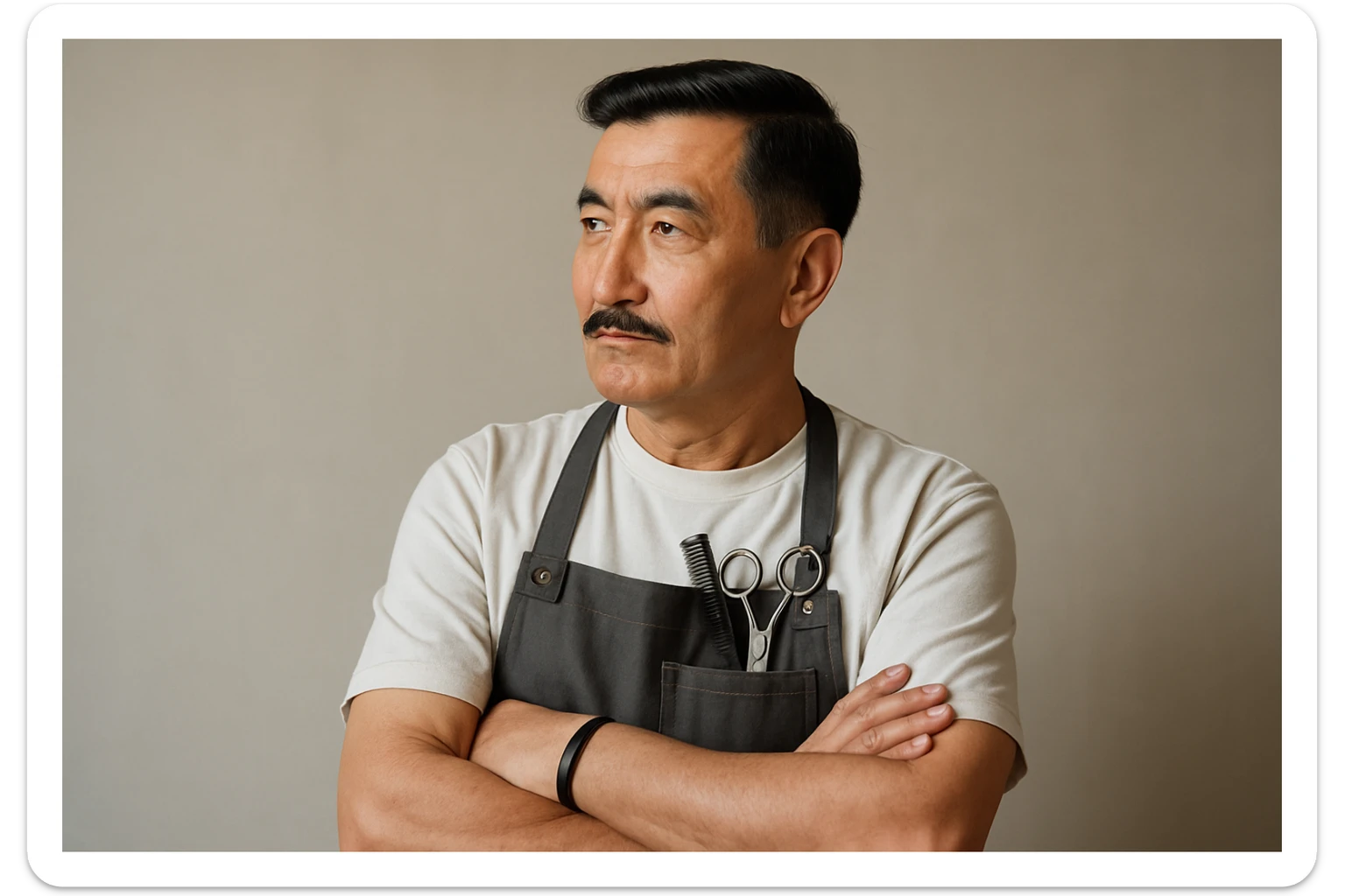 shu pozada turgan faqat o'ng tarafga qarab turgan sartarosh ustani tasvirlab ber realistik uslubda yoshi kattaroq soqol shart emas va uzbekistonlik erkak soch turmagi ham boshqacharoq bo'laversin sticker