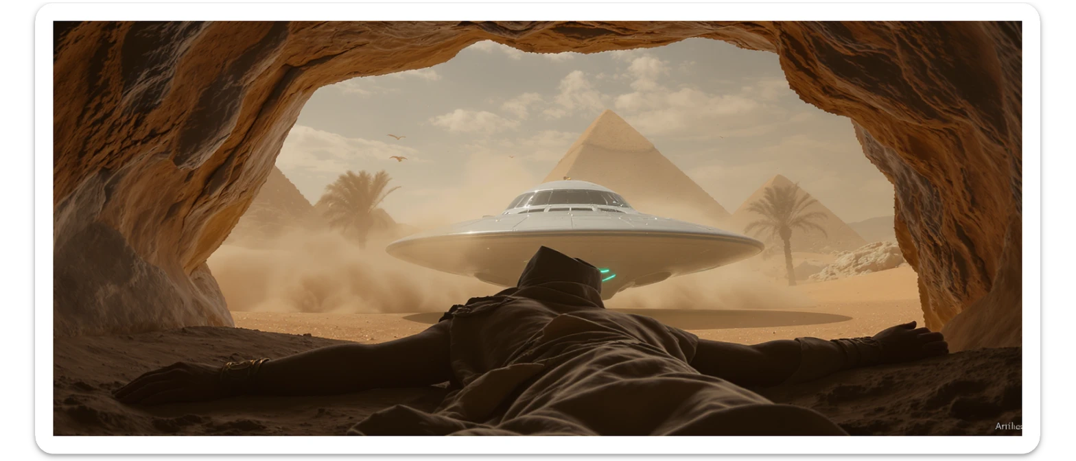 cinematic still, documentary photography, acient egypt, back shot of a man dress in ancient clothes in cave (frame in frame effect) on ground laying front of small ufo starship, sand flying around, palms, dynamic scane, leading lines, captured by arri alexa, depth layers, piramids in babckground sticker