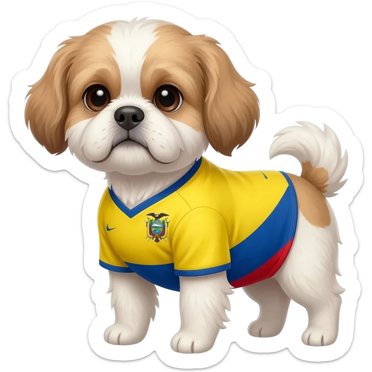 white and light brown shih zhu wearing a Ecuador soccer jersey v neck 2026 work cup sticker