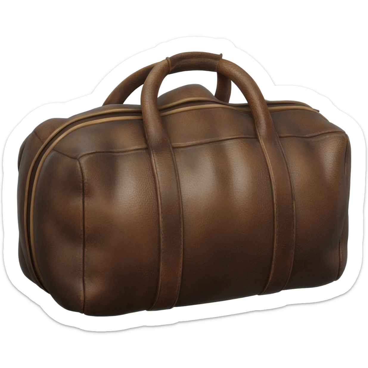 blankets shoved into a old leather duffel bag sticker