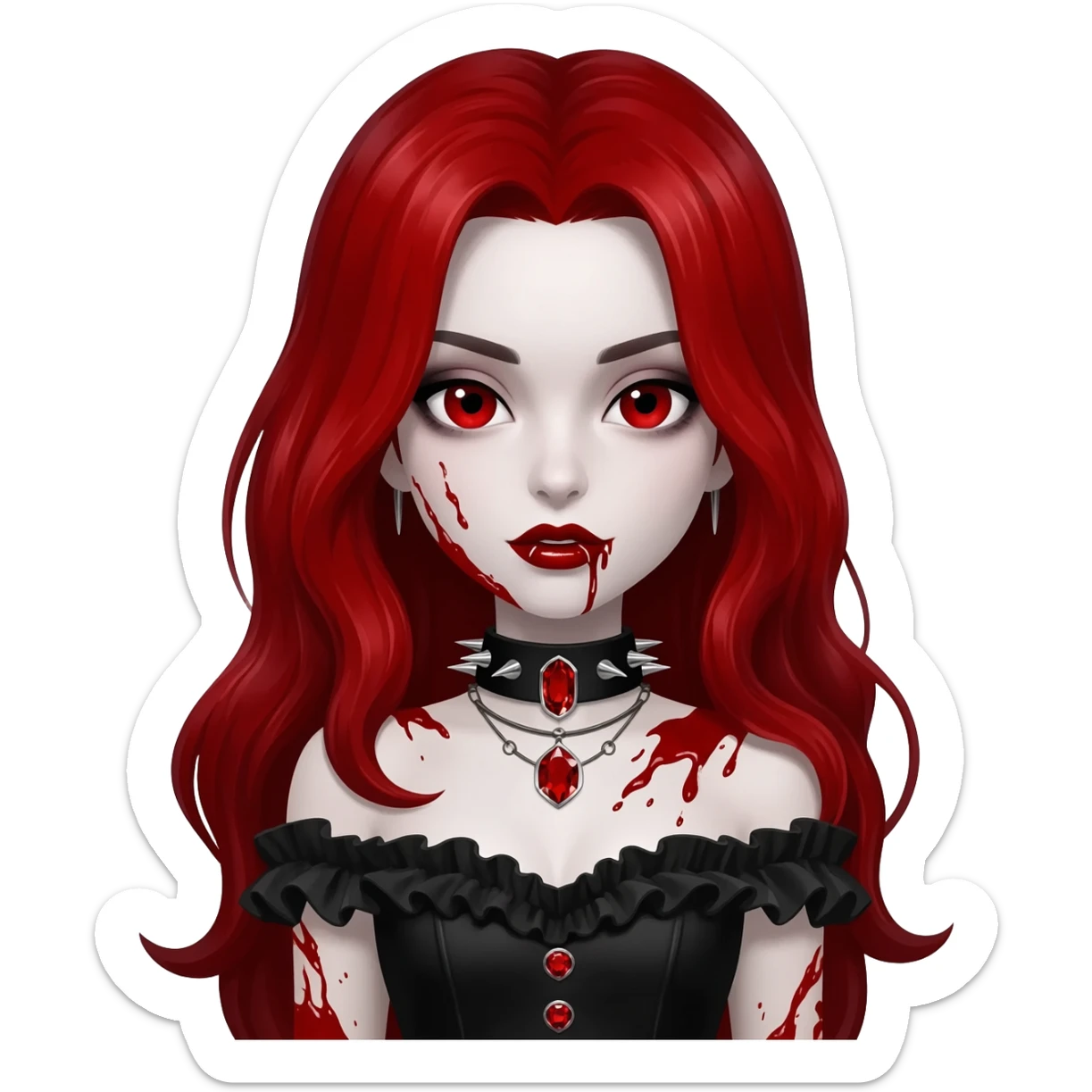 Shiny beautiful cute cool gorgeous attractive gothic vampiric lady with bloody hair, bloody lips, bloody face, blood-choker, spiked collar, frills, black dress, red rubies  sticker