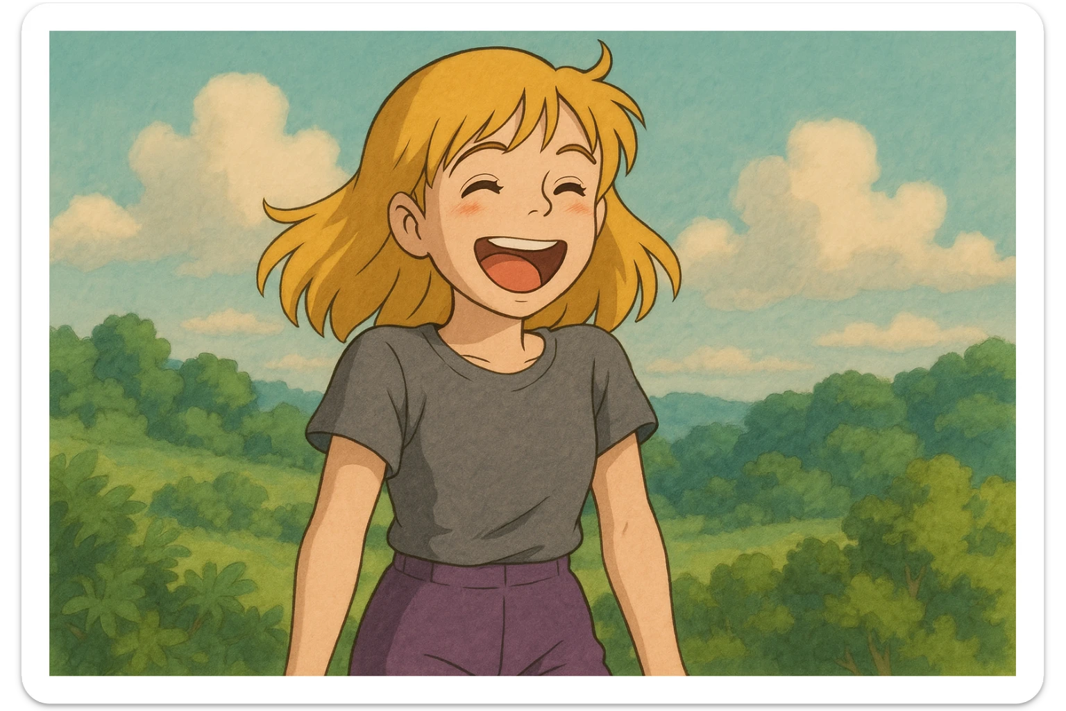 A girl yellow hair brown eyes grey Women's just t's short triblend t-shirt purple trousers laughing sticker