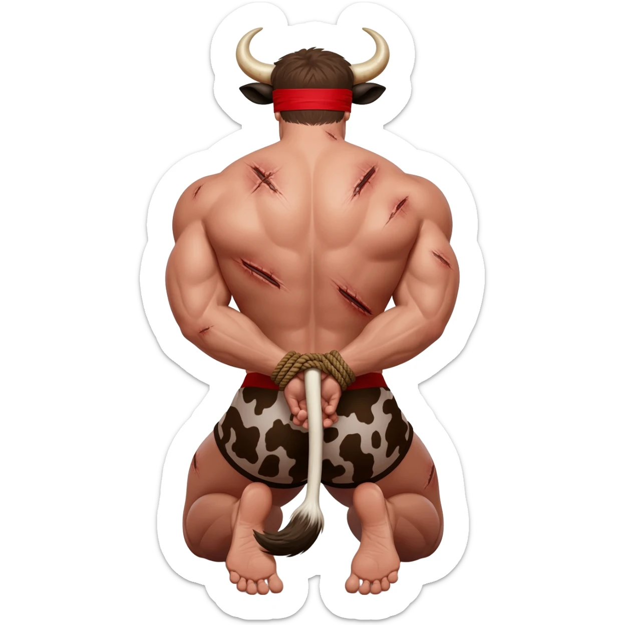 handsome extra large muscular man covered with scars with large breasts with bull horns and cow ears and bull tail with red blindfold dressed in thongs with brown cow print sits on his knees with hands tied behind the bback back view sticker