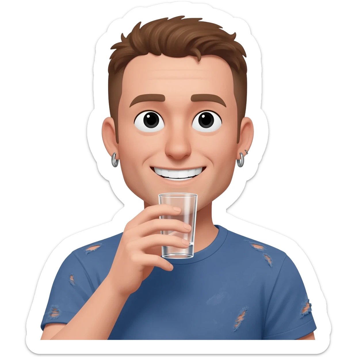 a brown hair guy with septum horizontal stripe shirt and earings with a smile drinking a shot sticker