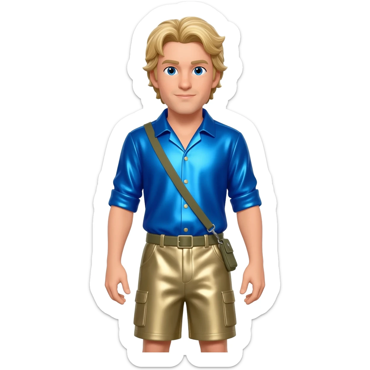 Martin Kratt with blue eyes, sandy blonde hair, periwinkle blue metallic shirt, khaki metallic baggy shorts sticker
