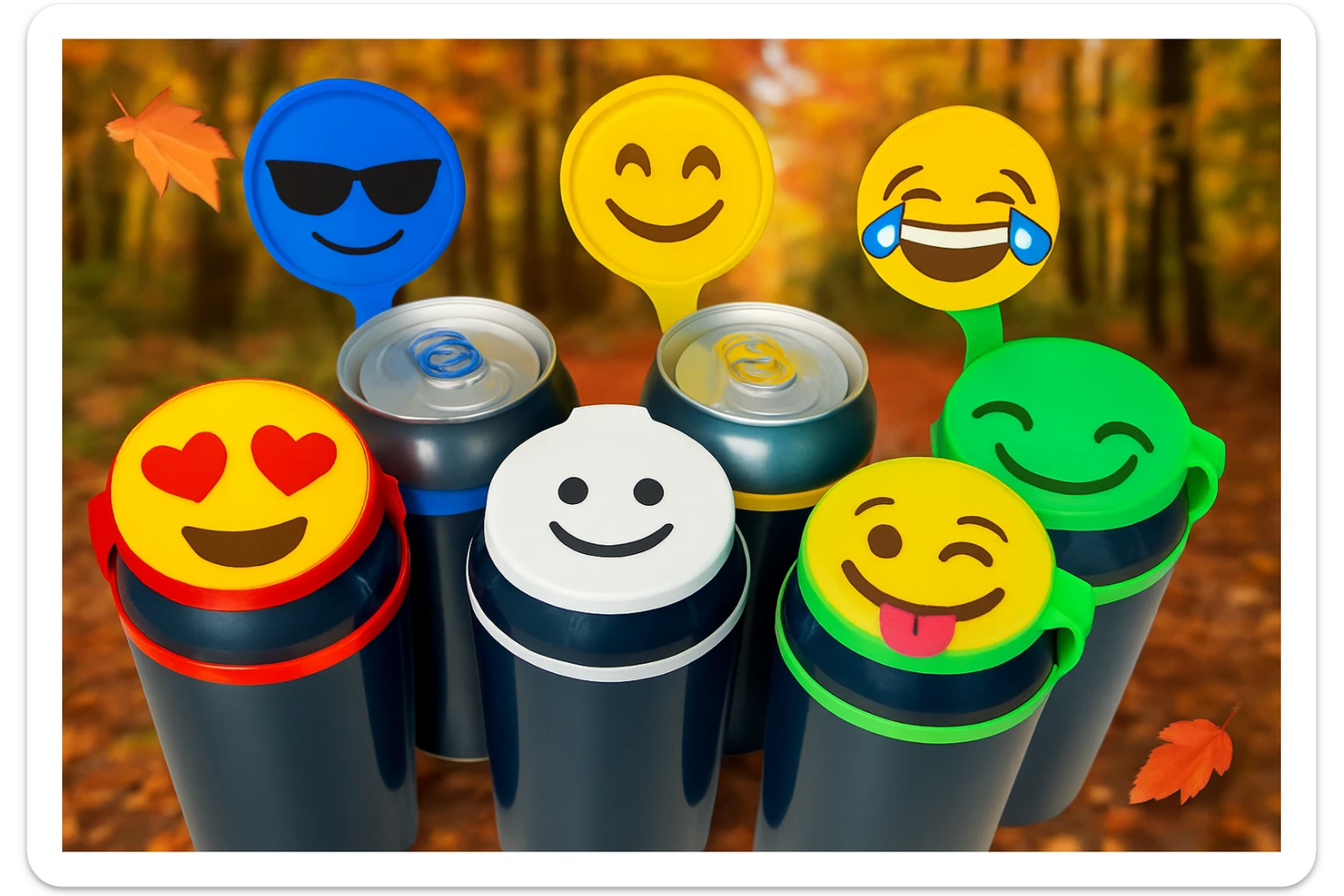 Rakj a kupakokra emoji-kat, smiley-kat, megváltoztathatod a háttereket. valósághű legyen a kép, 1000x600px méretű legyen. fiatal, dinamikusfotókat készíts! csak a kupak külső részére rakj mintát! sticker