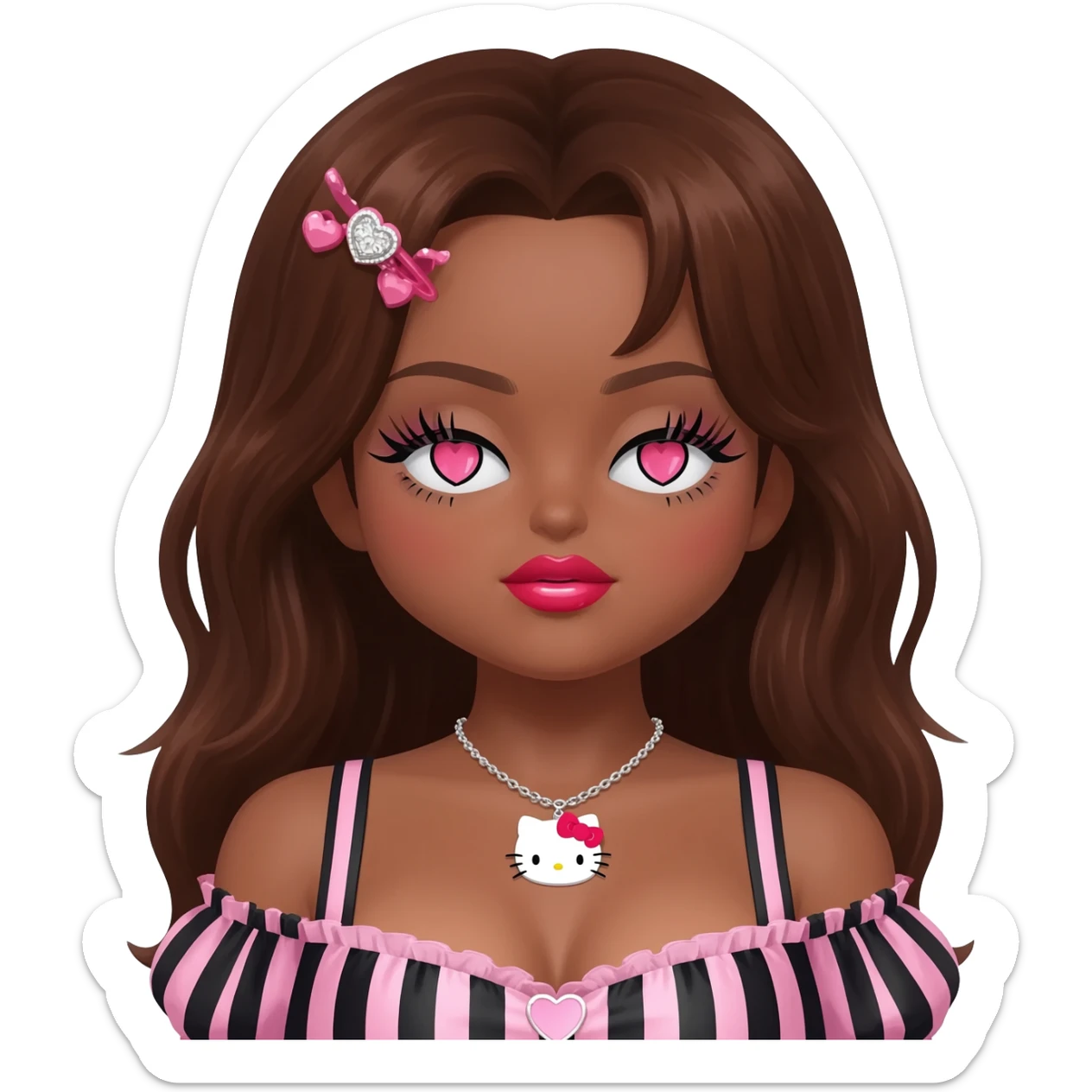 heart shaped lips, cute glossy lips, doll eyes with long lashes, dark brown skin, brown hair, big chest, hello kitty necklace, one bow clip, bimbocore outfit sticker