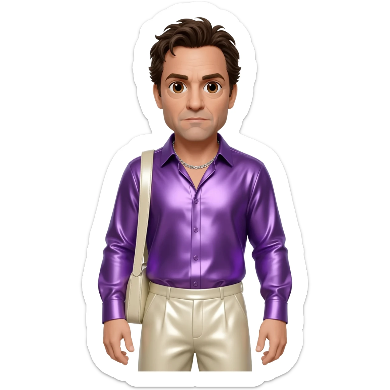 Mark Ruffalo with brown eyes, dark brown hair, purple metallic shirt, cream metallic baggy pants, silver necklace sticker