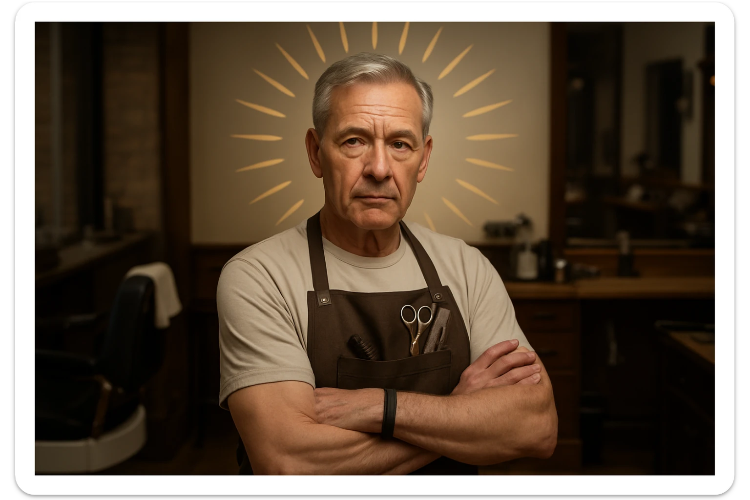 huddi shu odamni qariroq va soqolsiz tasvirlab ber o'zgartirib realistik qilib orqa fon sartaroshxona belidan sal pastroqqacha  sticker