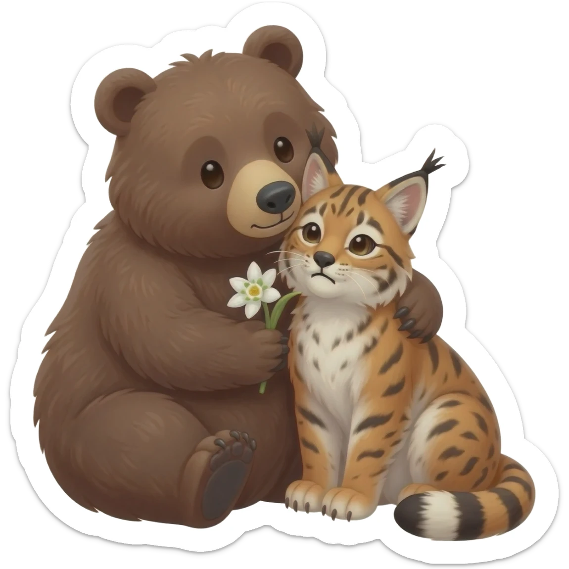lovely bear hugs the nervouse lynx and gives her snowdrop flower sticker