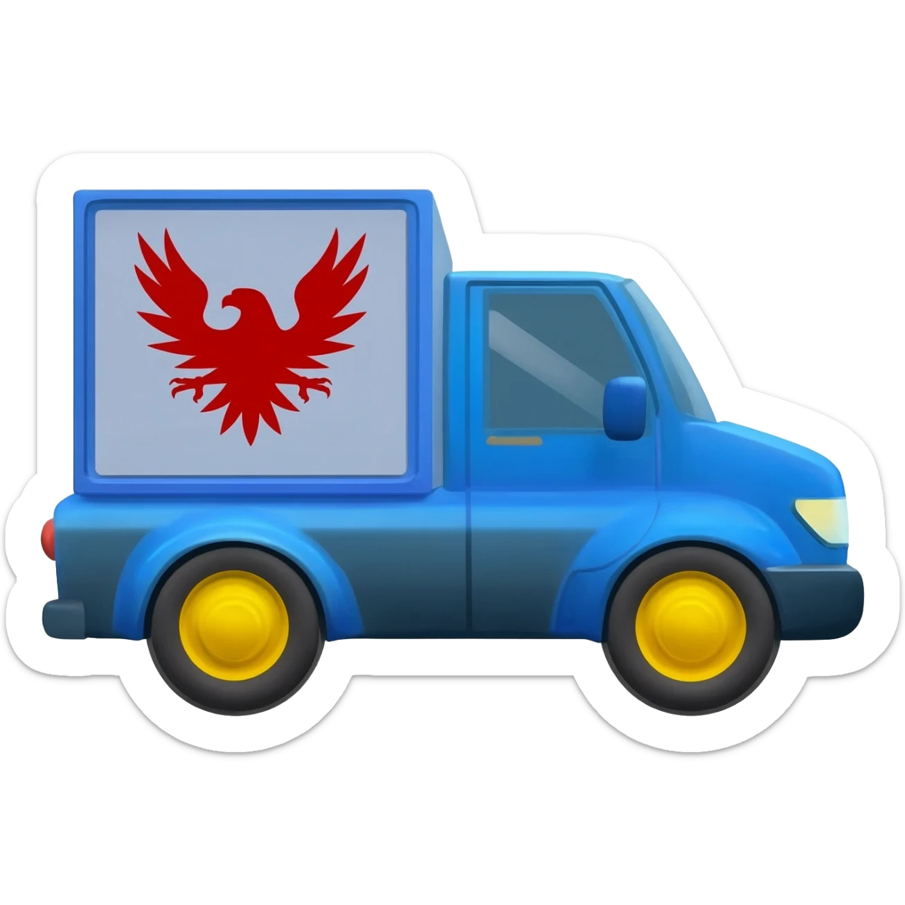 3D emoji of a blue delivery truck with a red eagle logo on the side, yellow wheels, driving fast, white background, sticker style. sticker