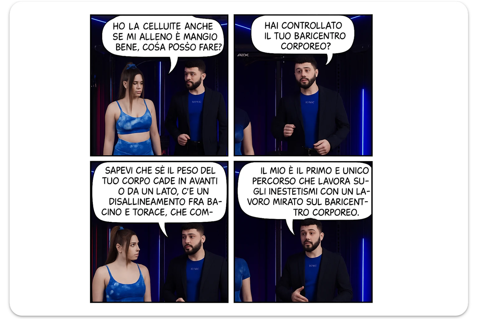 TRASFORMA QUESTO CAROSELLO IN UN FUMETTO CON QUESTE DUE PERSONE IDENTICHE CHE INTERLOQUISCONO TRA LORO:

LEI: Ho la cellulite anche se mi alleno e mangio bene, cosa posso fare?

LUI: Hai controllato il tuo baricentro corporeo?
Sapevi che se il peso del tuo corpo cade in avanti o da un lato, c’è un disallineamento fra bacino e torace, che comprimendo le coste, limita la motilità del diaframma e l’ossigenazione dei tessuti?
Il mio è il primo e unico percorso che lavora sugli inestetismi con un lavoro mirato sul baricentro corporeo. sticker