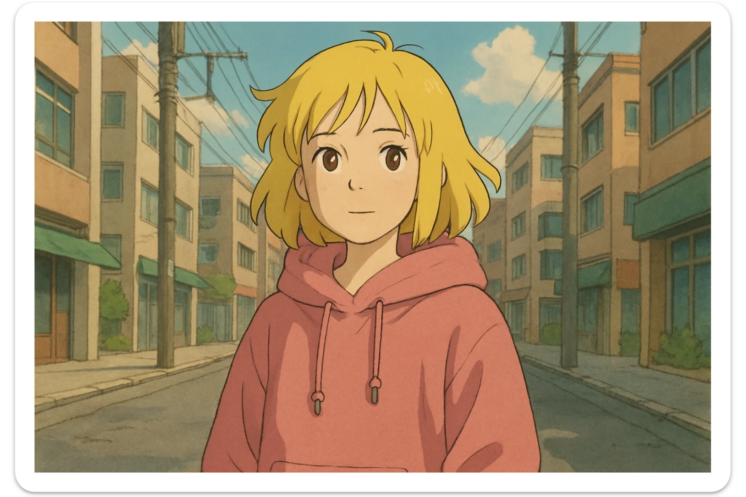 A girl yellow hair brown eyes pink Urban Heavy Loose Fit Hood Sweat sticker