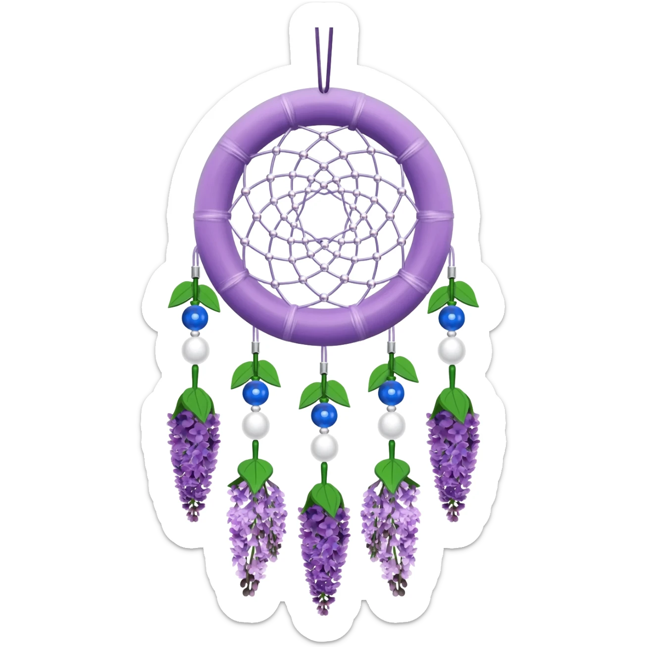 Lavender lilac pastel purple dreamcatcher-suncatcher with lavender flowers and lilac flowers attached, blue beads, and white beads, green leaves sticker