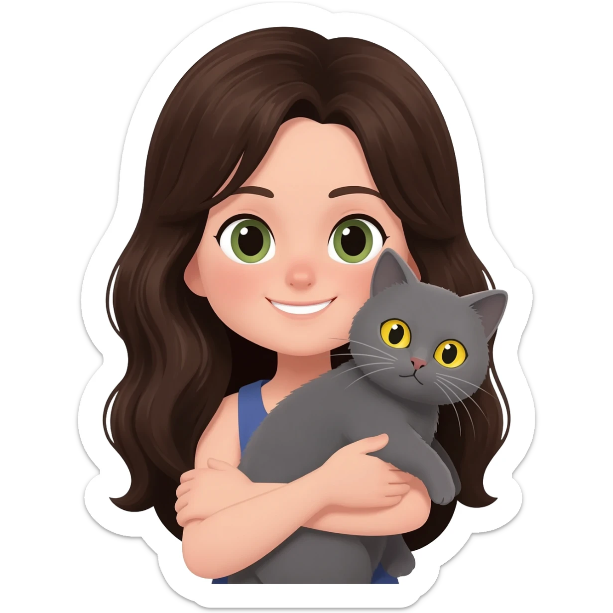 una chica castaña oscuro con un gato gris de ojos amarillos casi verdes en brazos sticker