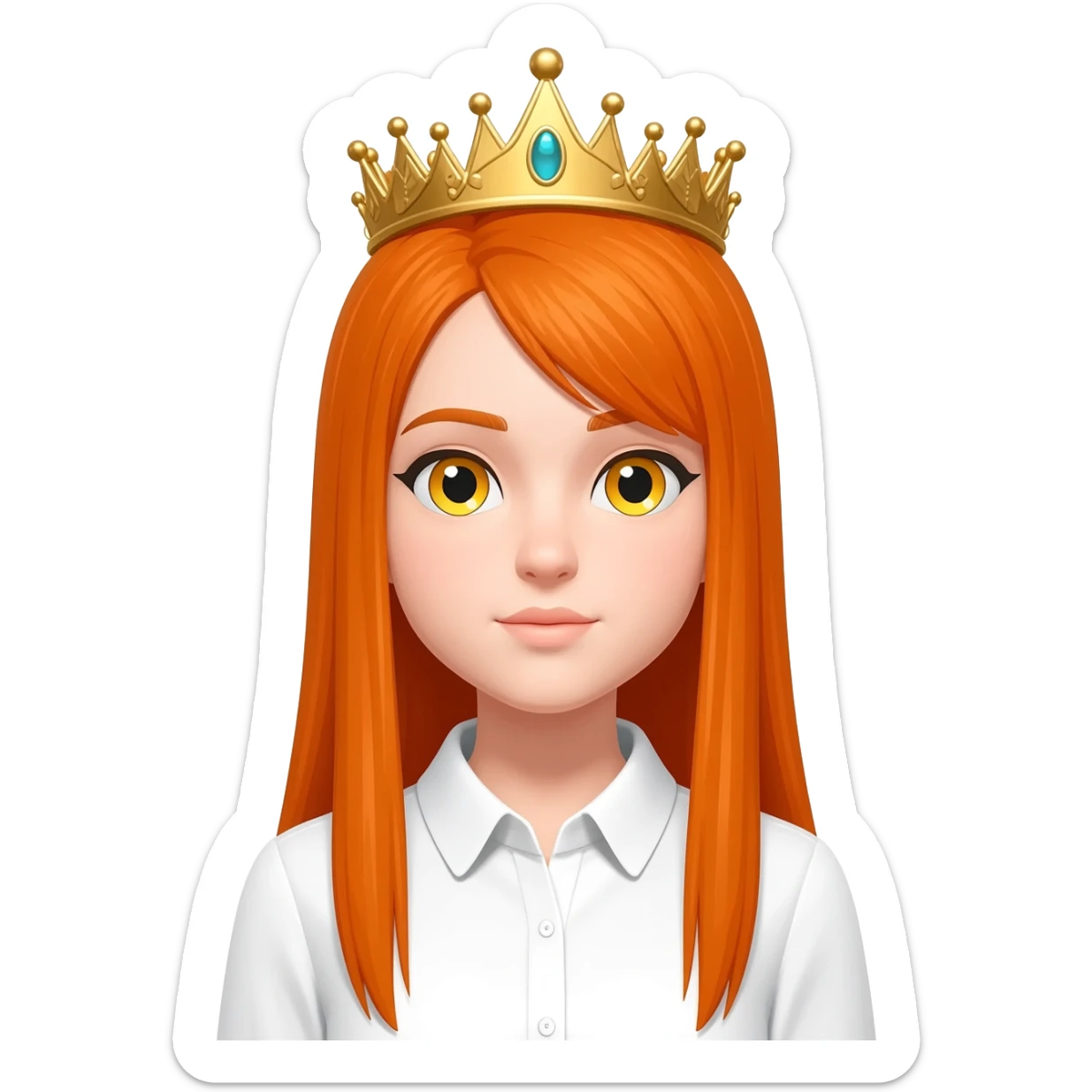White girl with orange long straight hair and yellow eyes with a crown on her head and a white shirt on sticker