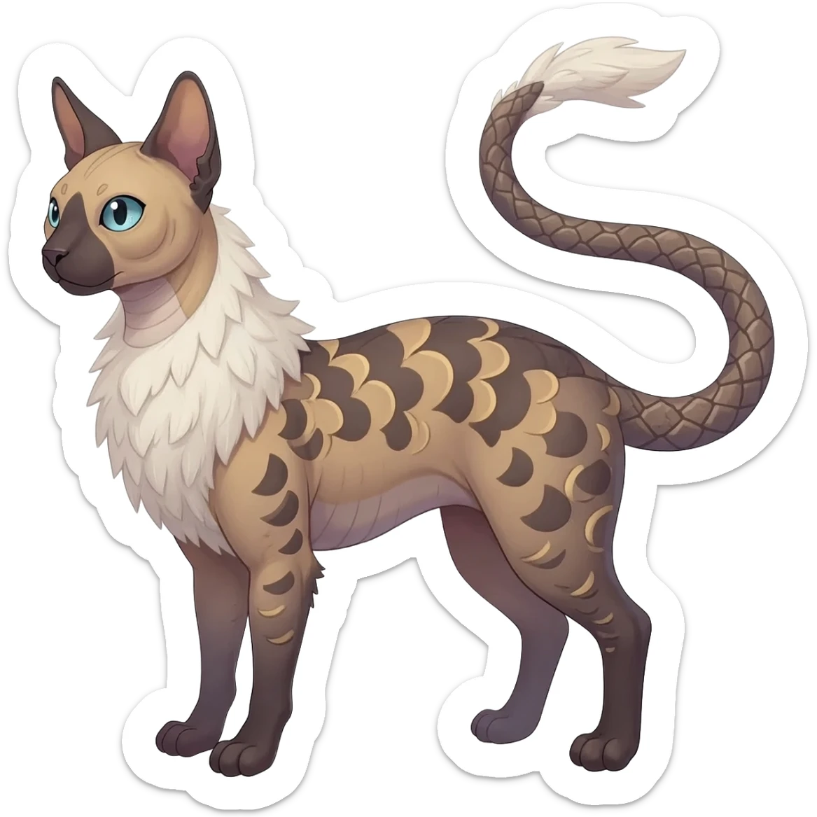 Furry, fluffy feathery scaly, Minccino-Sphynx-Lykoi-Linoone-Zangoose-fusion-hybrid-animal-Fakémon-creature, full body, thin long sleek scaly tail, intricate markings sticker