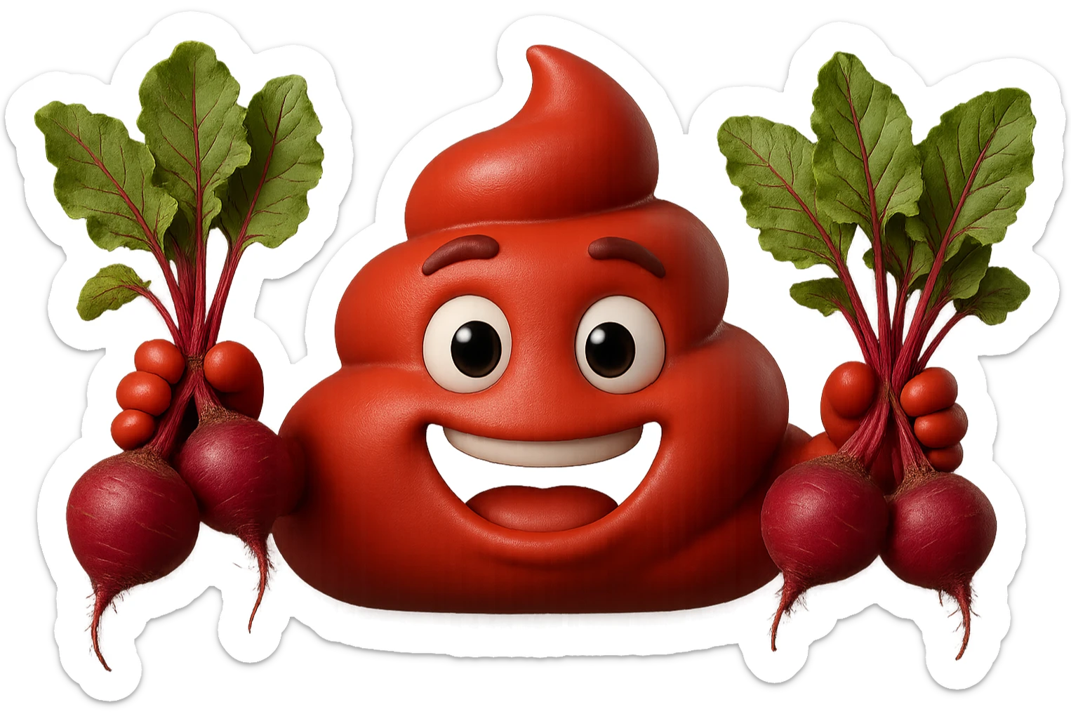 emoji stile iphone 3d di una cacca rossa con barbabietole in mano, iperrealistiche 4k sticker