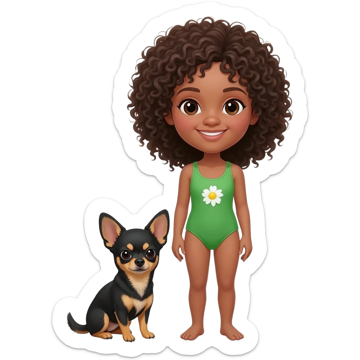 Une fille. Cheveux bouclée. Porte à maillot. Vert. Avec un chihuahua noir marron poil courut c'est une fille daisy et pour finir par apprend dans les brastous les 2. Avec sa maîtresse avec. Et moi mmatichienne sticker