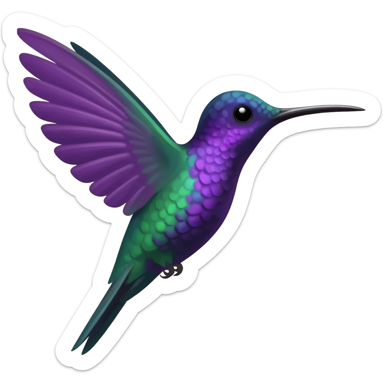 Hummingbird hovering in flight, facing to the right, mostly violet, purple and green in color sticker