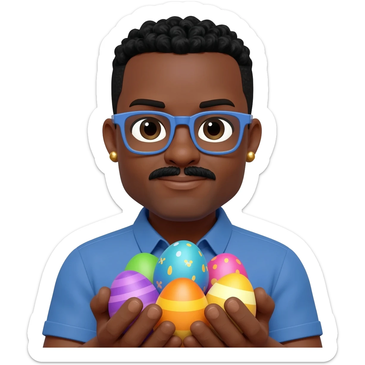 Black man with blue glasses, mustache,  stud earrings, and Easter eggs sticker