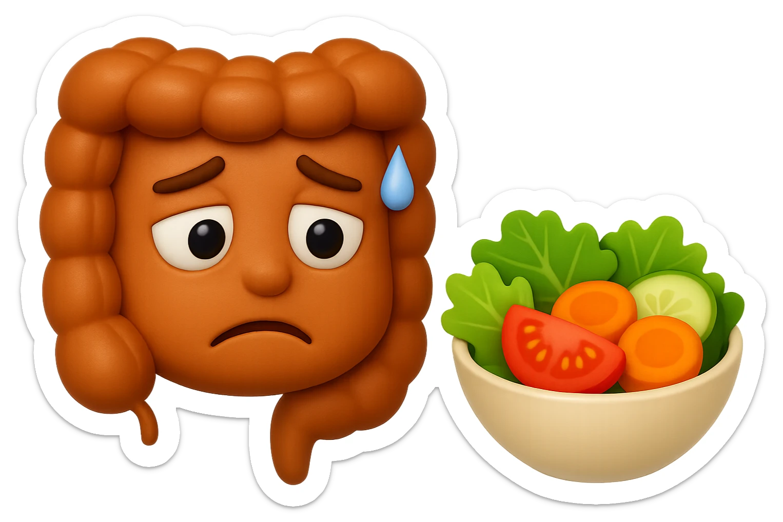 EMOJI STILE IPHONE DI UN INTESTINO UMANO ANATOMICO CHE GUARDA UN INSALATA CON ESPRESSIONE TRISTE E RASSEGNATA IN VOLTO: SOFFRE LA FAME PERCHé è A DIETA, FAGLI ANCHE LA PARTE BIANCA DEGLI OCCHI, NON SOLO LE PUPILLE, IPERREALISTICO 4K sticker