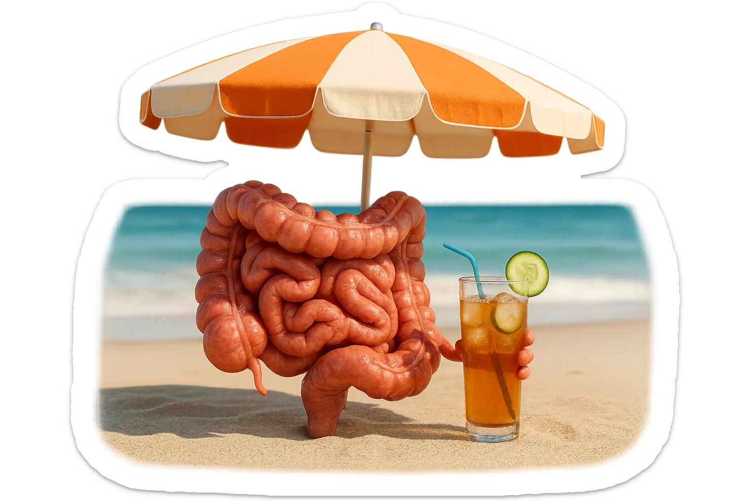 INTESTINO SEDUTO IN SPIAGGIA SOTTO L'OMBRELLONE MENTRE BEVE THè FREDDO CON CETRIOLO
IPERREALISTICO 4K sticker