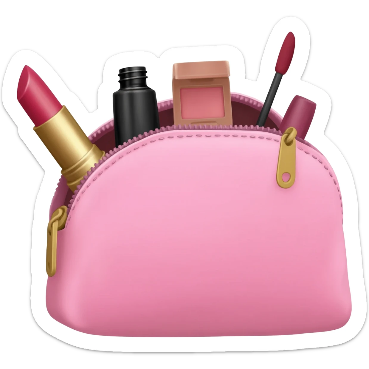 pink cosmetic bag with beauty products sticking out sticker