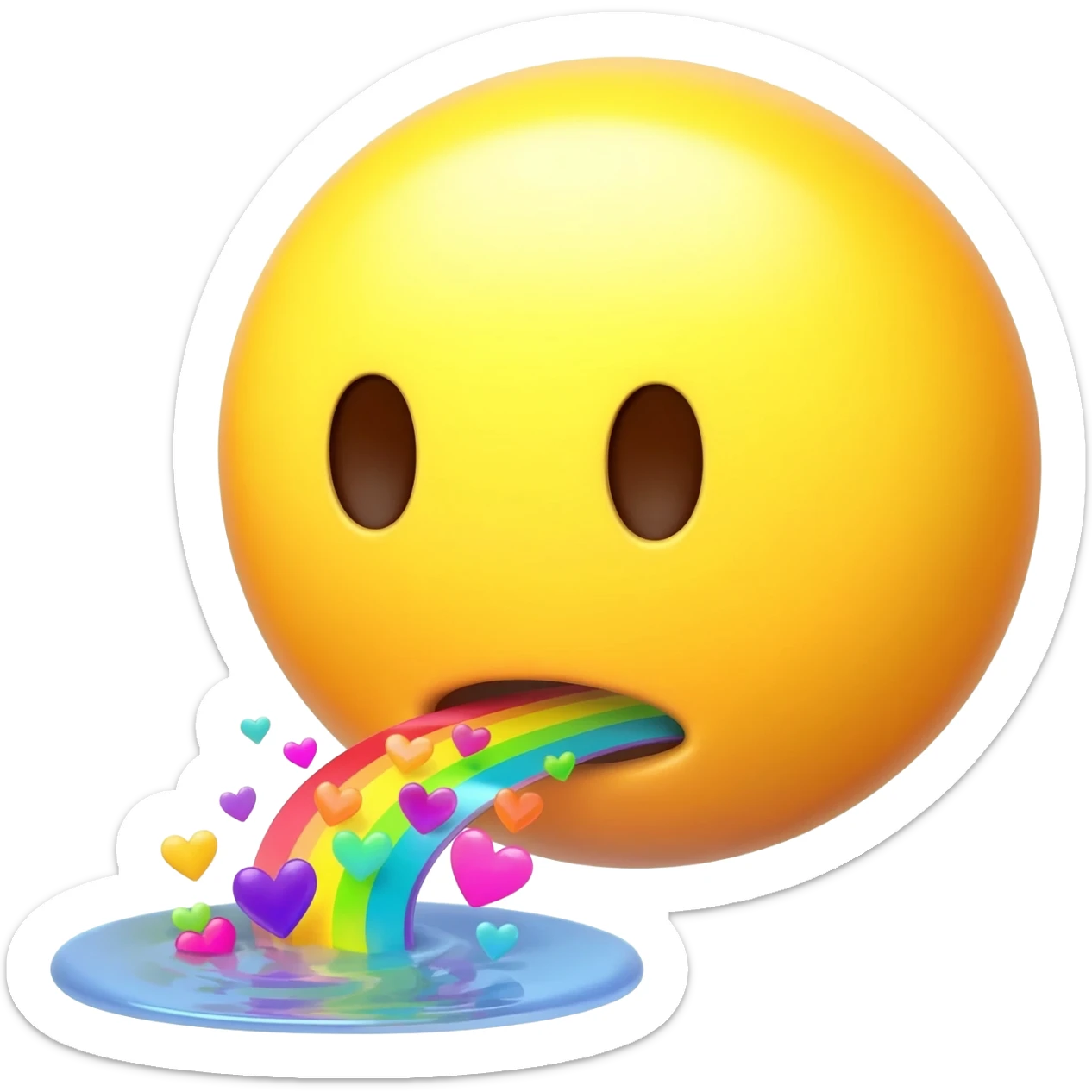 Standard yellow Smiley face, not looking happy, spitting out a rainbow with hearts into a little puddle sticker