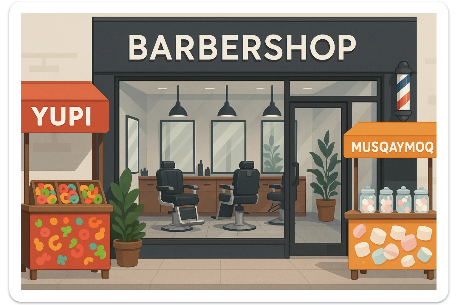 brohouse sartarosh xonasini chizib ber tashqaridan va uning yonida yupi va musqaymoq sotadigan lavkalar bulsin va sartarosh xona sal zamonaviyroq bulsin sticker