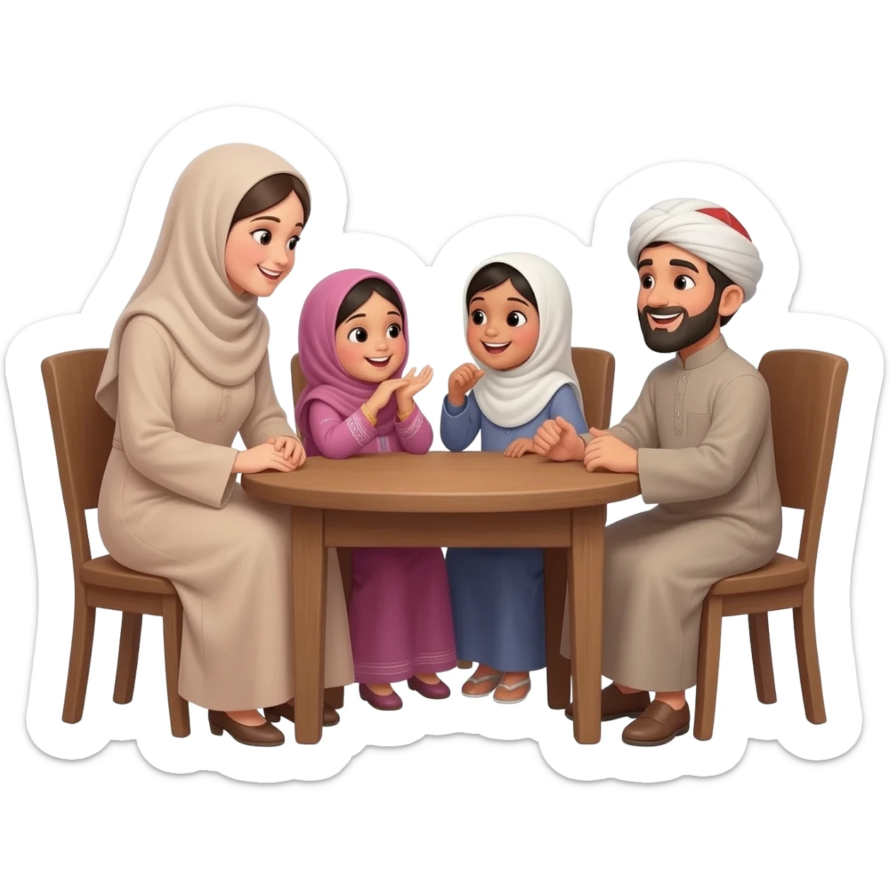 islamic family sitting on table; mother wearing without hijab; father with beard and islamic clothes white cap on head; little girls without  hijab and one little boy; kids wearing traditional clothes and talking happily to each other sticker