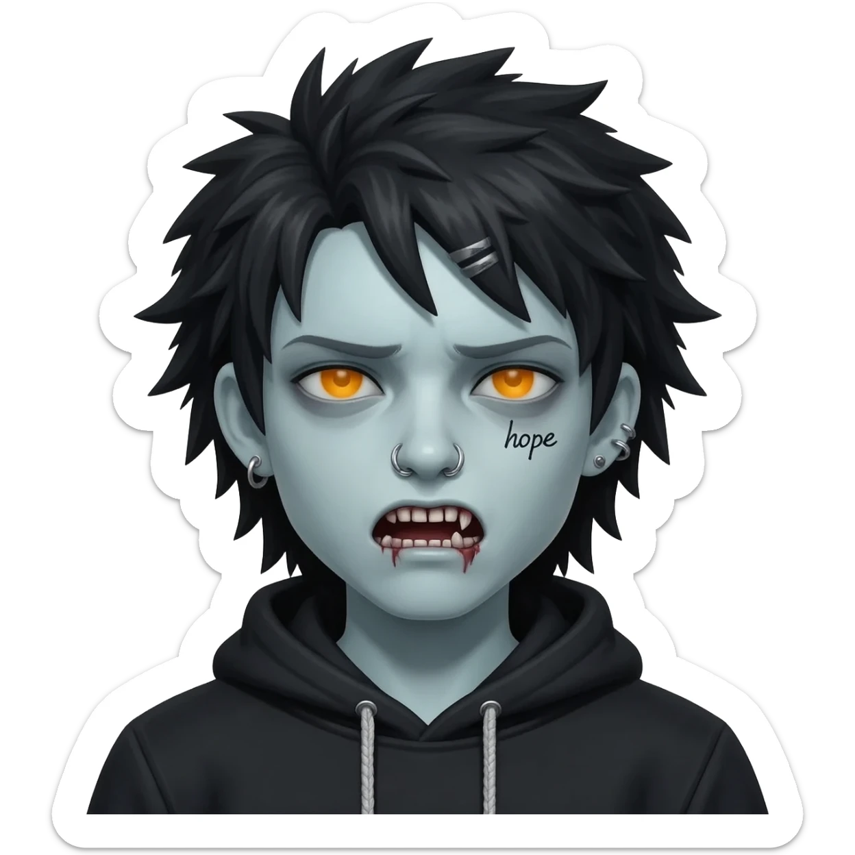 zombie boy with spiky long hair and black hoodie zip one-sided earrings and nose ring eyebrow tattoo with the word "hope". sticker