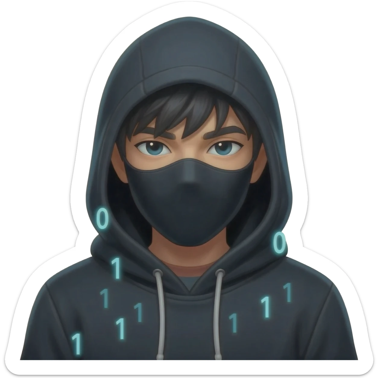 Binary system and "hacker" look, wearing a hoodie with the hood on, hide the hair under the hood, the hoodie is natural and black, no mask, visible face. Make it oriented around the numbers 0 and 1. sticker