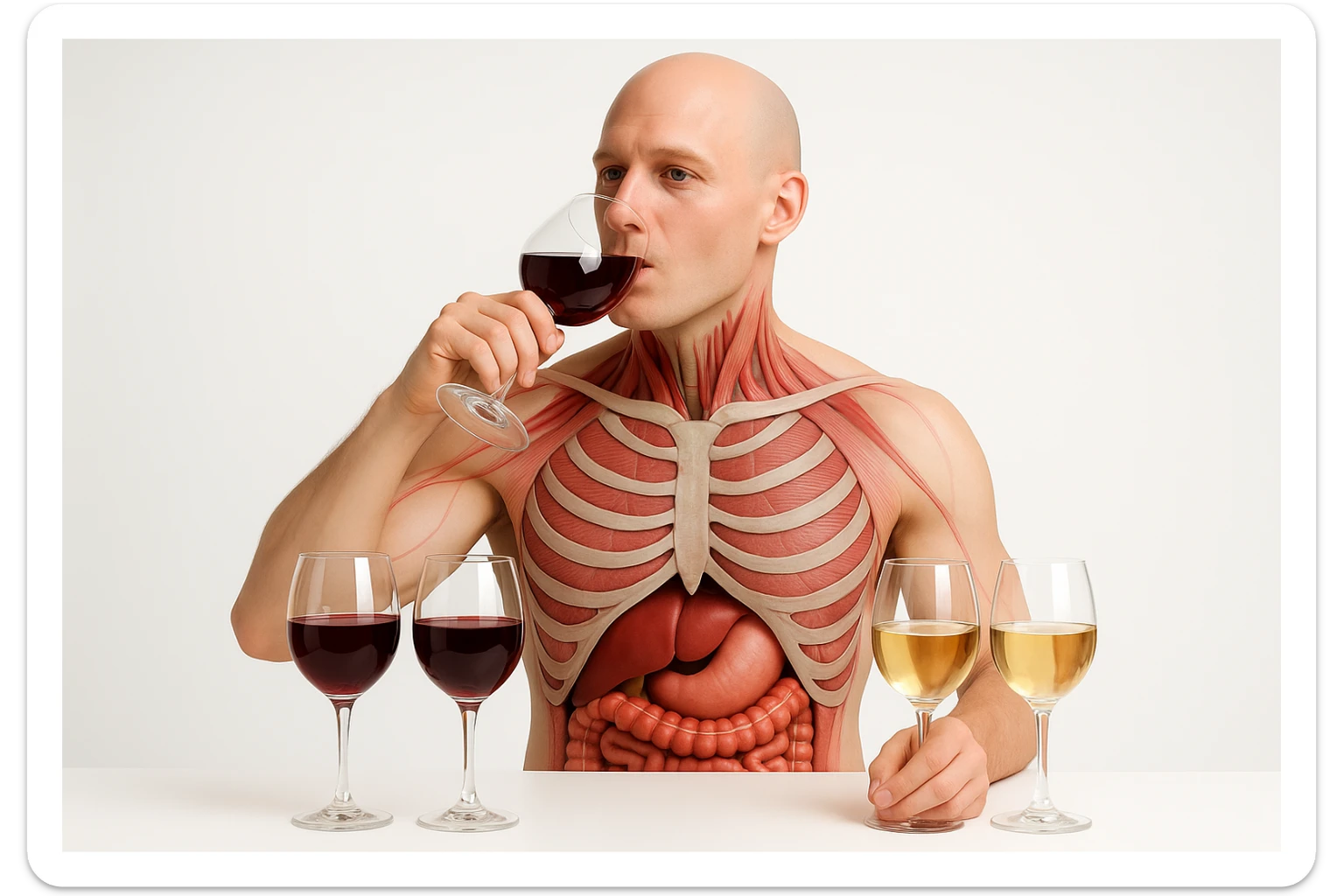 corpo umano con apparato digerente che  ha davanti a sè un tavolo bianco con sopra qualche bicchiere di vino bianco e qualche bicchiere di vino rosso, lui sta bevendo un bicchiere di vino rosso, non fare che ha il dito sulla fronte, prendi solo spunto dallo stile grafico della foto che ho allegato, sfondo bianco, stile realistico, non disegnato, 4k sticker