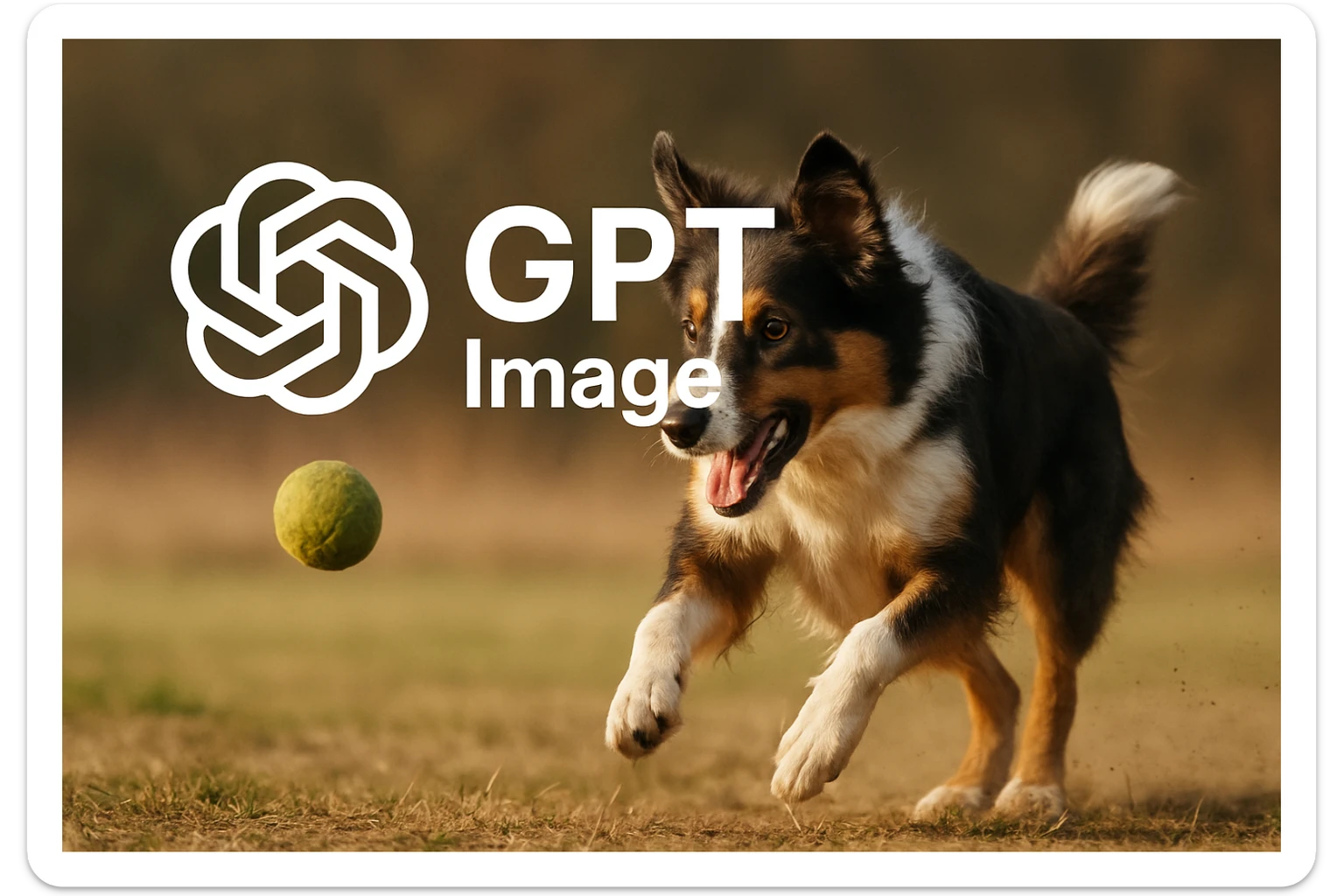 logo of chat gpt with text "GPT Image" on the background of a dog chasing ball, realistic image sticker