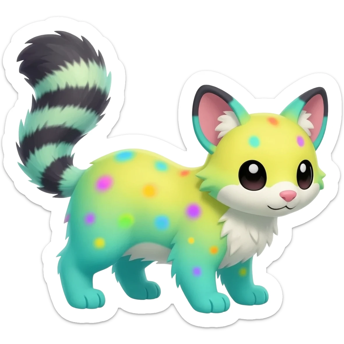  cute adorable yellow-green-turquoise-gradients albino fur with random colorful iridescent rainbow markings beautiful elegant pretty precious cute  Fakémon-Pokémon-opossum-feline-serval-caracal-chinchilla-Minccino-hybrid-creature with a big fluffy bushy striped tail (full body) sticker