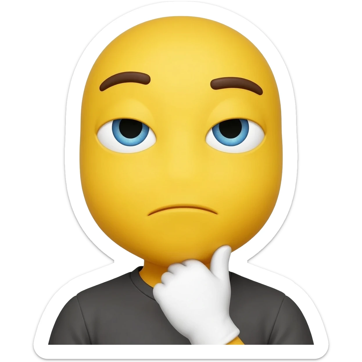 The emoji has a round yellow face with a slightly skeptical expression 
Its eyebrows are raised, and the eyes are looking sideways, which gives the feeling that it’s judging or thinking
One white-gloved hand is placed under its chin, 
The mouth is slightly curved sticker