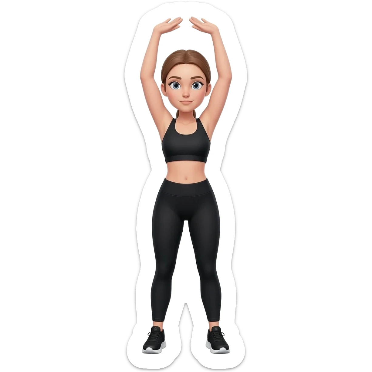 standing stretch with arms overhead, fair-skinned woman, light gray-blue eyes, ash brown brows, ash light brown hair tied back, slim athletic body, black workout set, black sneakers with white soles sticker