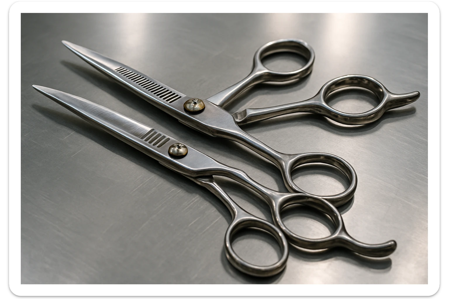 A set of professional barber scissors lies on a stainless steel workbench, gleaming under the bright lights. The blades are sharp and precise, with smooth handles showing signs of frequent use, ready for the next cut sticker