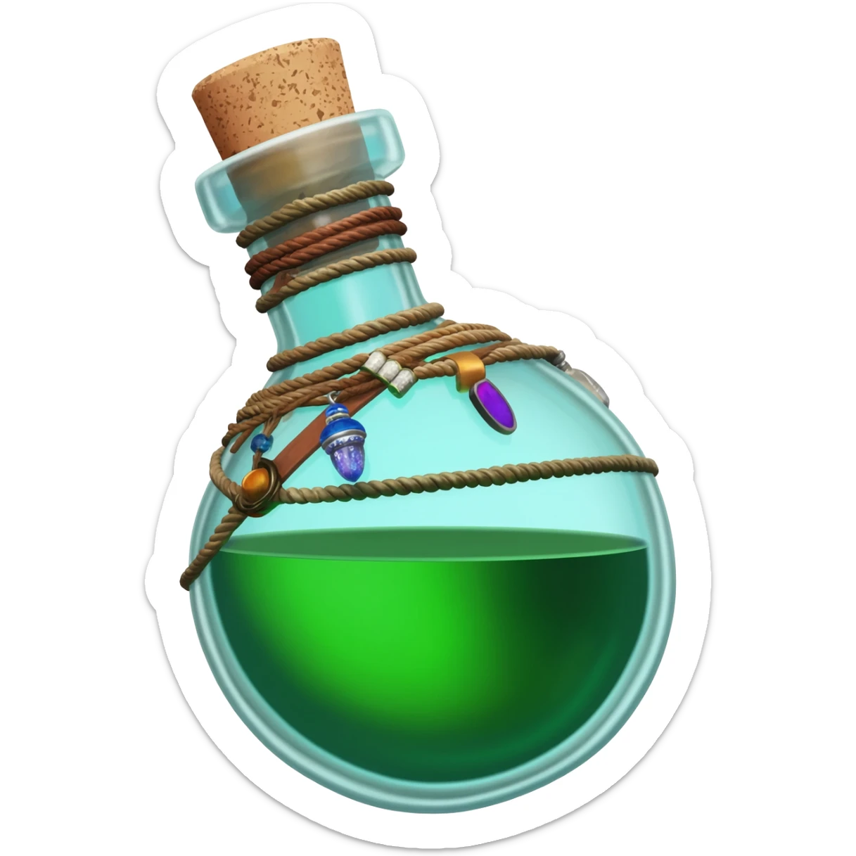 an empty round potion bottle a little rotated to the left with a cork and decorations on the bottle like ropes and belts and random stuff sticker