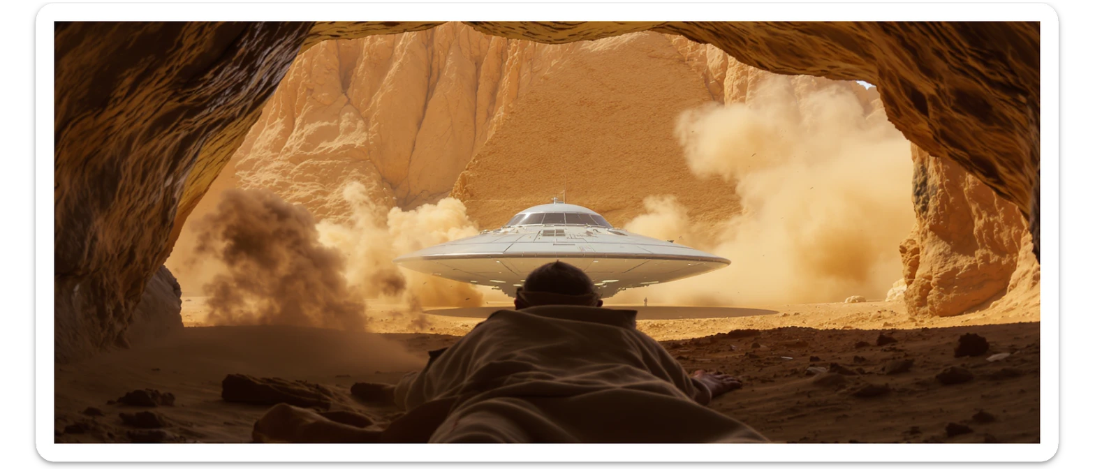 cinematic still, documentary photography, acient egypt, back shot of a man dress in ancient clothes in cave (frame in frame effect) on ground laying front of small ufo starship, sand flying around, palms, dynamic scane, leading lines, captured by arri alexa, depth layers, piramids in babckground sticker