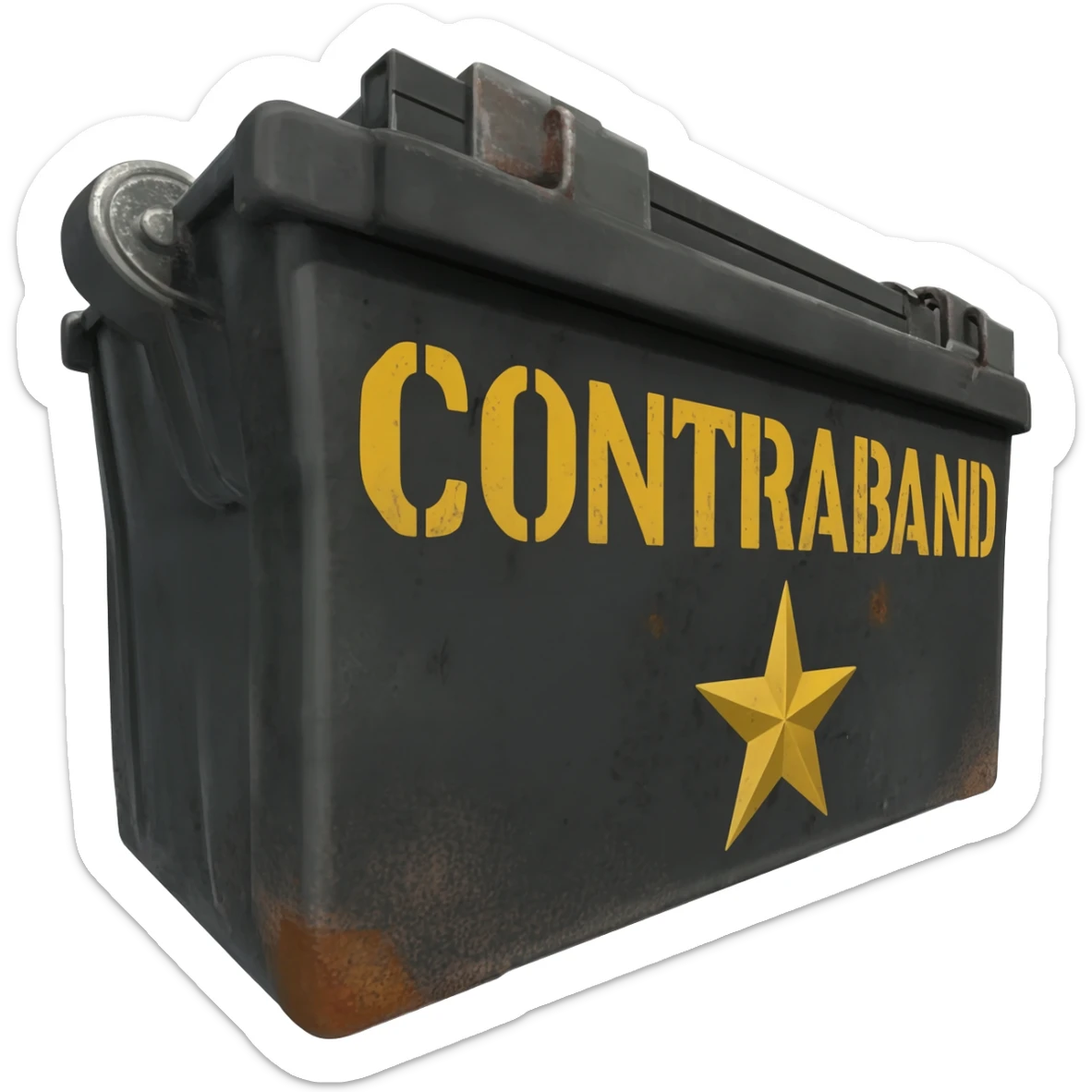 black military ammo box view from 35 degres with a  big yellow text on it "CONTRABAND"  add alot of details like a military star, scracths etc sticker