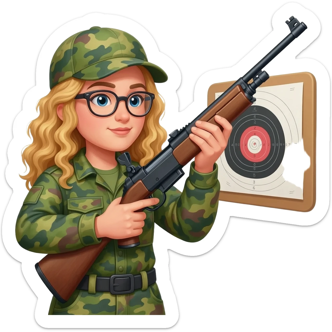 Target practice Green hunting woman with glasses and long blonde curly hair carrying a rifle sticker